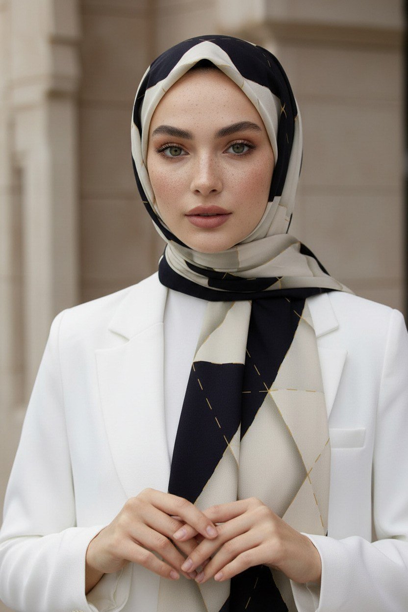 KREP ÜÇGEN YAMA DESENLİ SİYAH RENKLİ 75X195 KIRIŞMAZ ŞAL