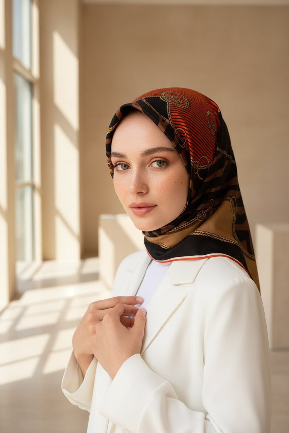 %100 Twill İpek Zincirli Ve Zebra Desenli Taba - Bej Renkli 90x90 Eşarp Dikim Şekli : El Dikişi