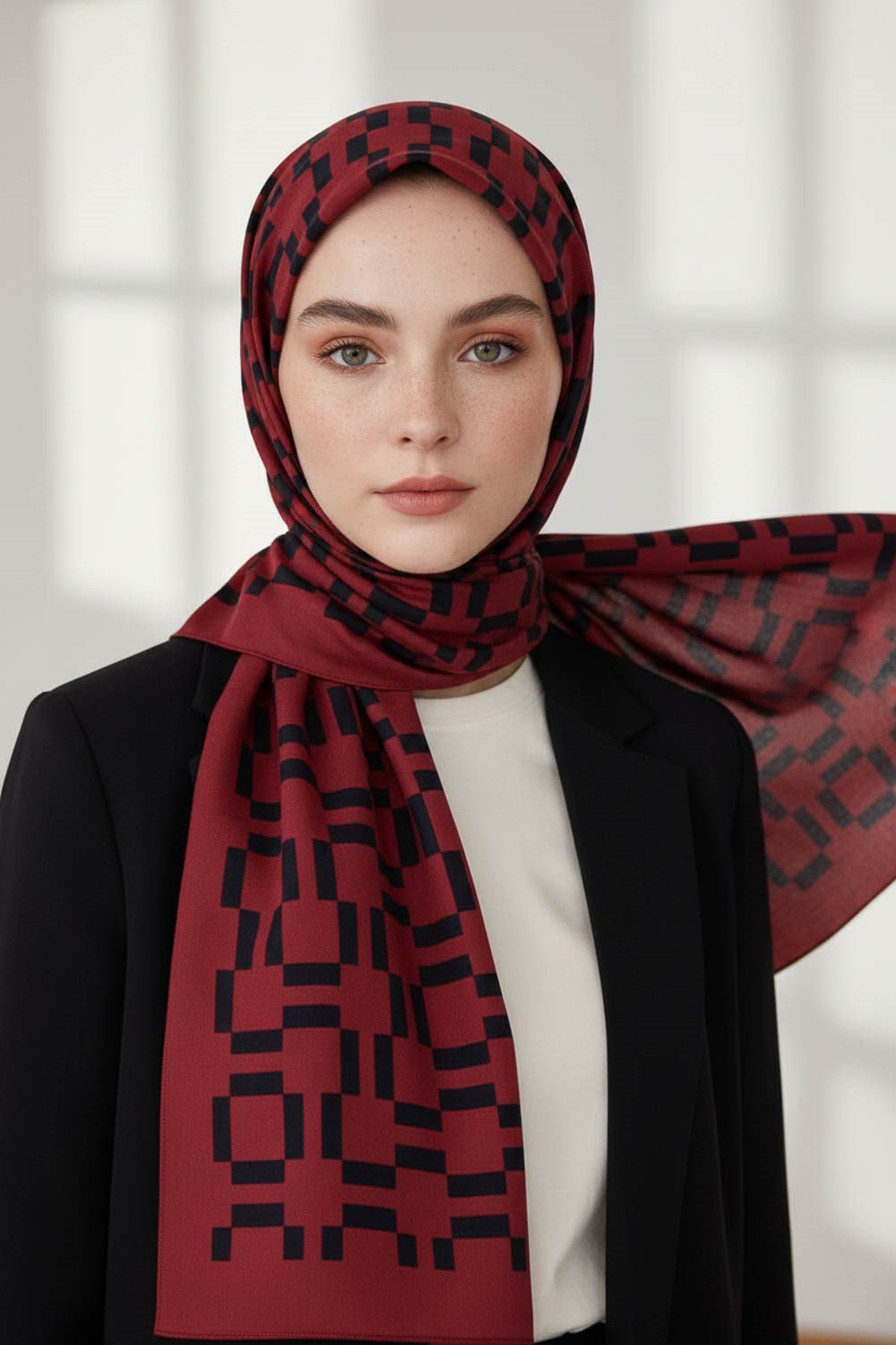 KREP MONOGRAM DESENLİ BORDO RENKLİ 75X195 KIRIŞMAZ ŞAL