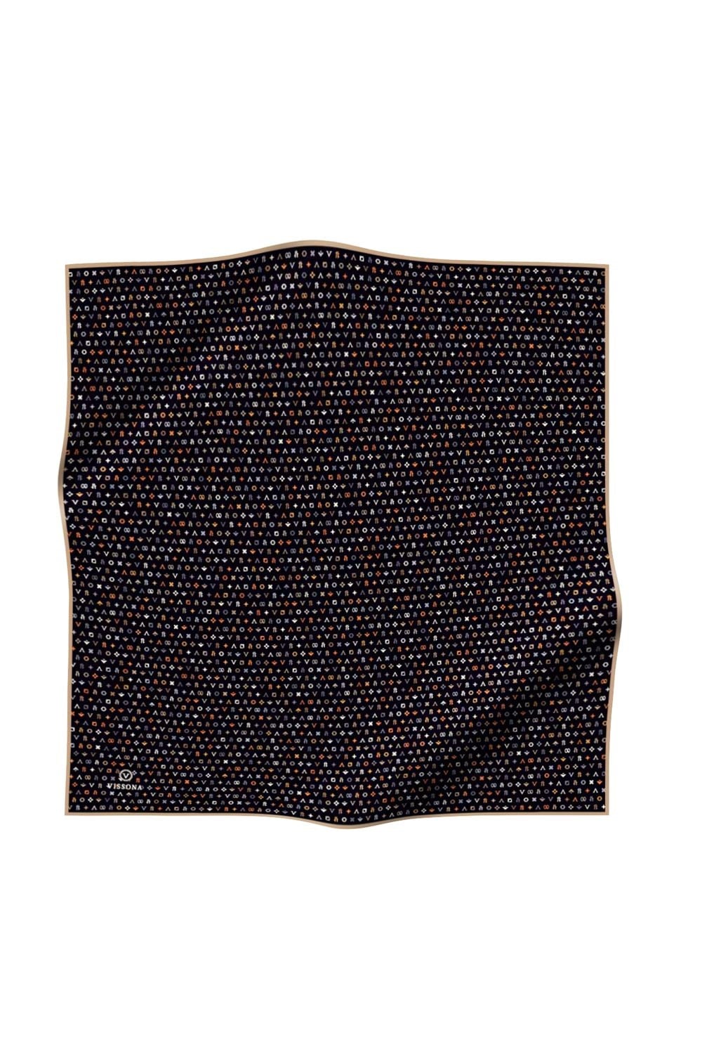 %100 Twill İpek Çıtır Motif Desenli Siyah - Bej Renkli 90x90 Eşarp Dikim Şekli : El Dikişi