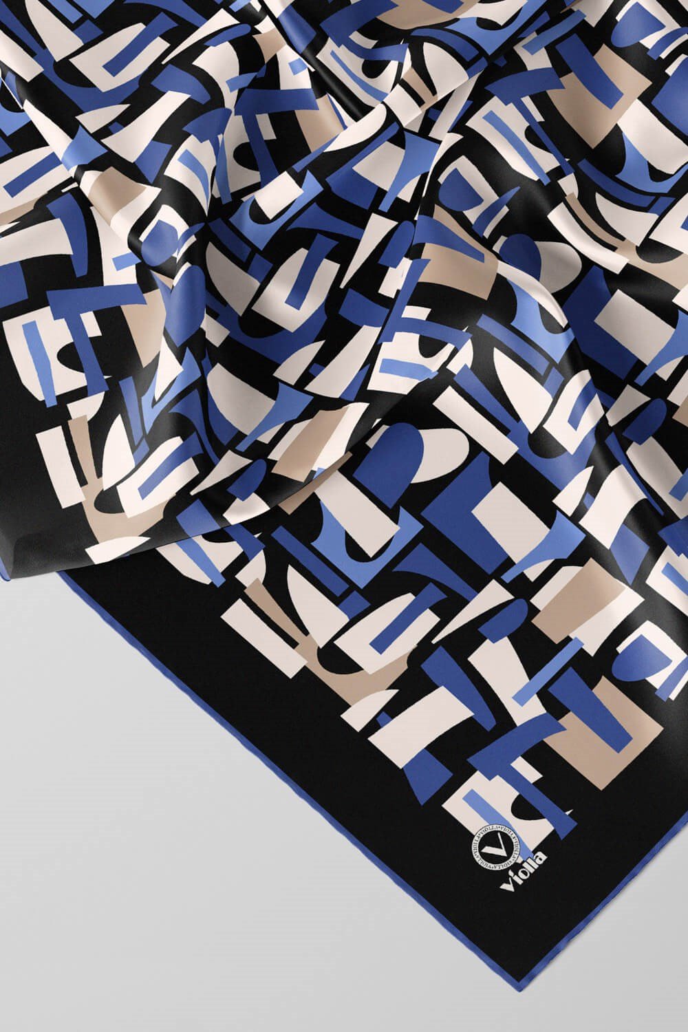 Twill Geometrik Desenli İndigo - Bej Renkli 90x90 Eşarp (İpek İçermez) Dikim Şekli : El Dikişi