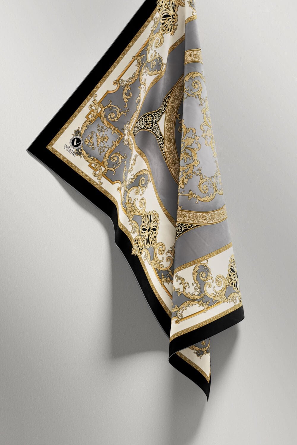 Twill Barok Desenli Gri Renkli 90x90 Eşarp (İpek İçermez) Kenar Dikiş Şekli El Dikişli