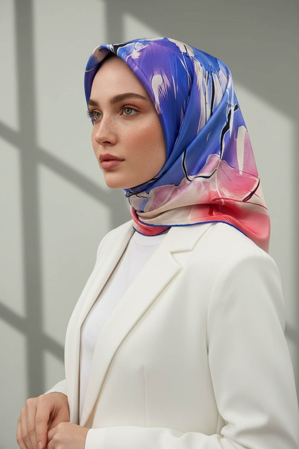 %100 Twill İpek Sulu Boya Çiçek Desenli Saks Renkli 90x90 Eşarp Dikim Şekli : El Dikişi