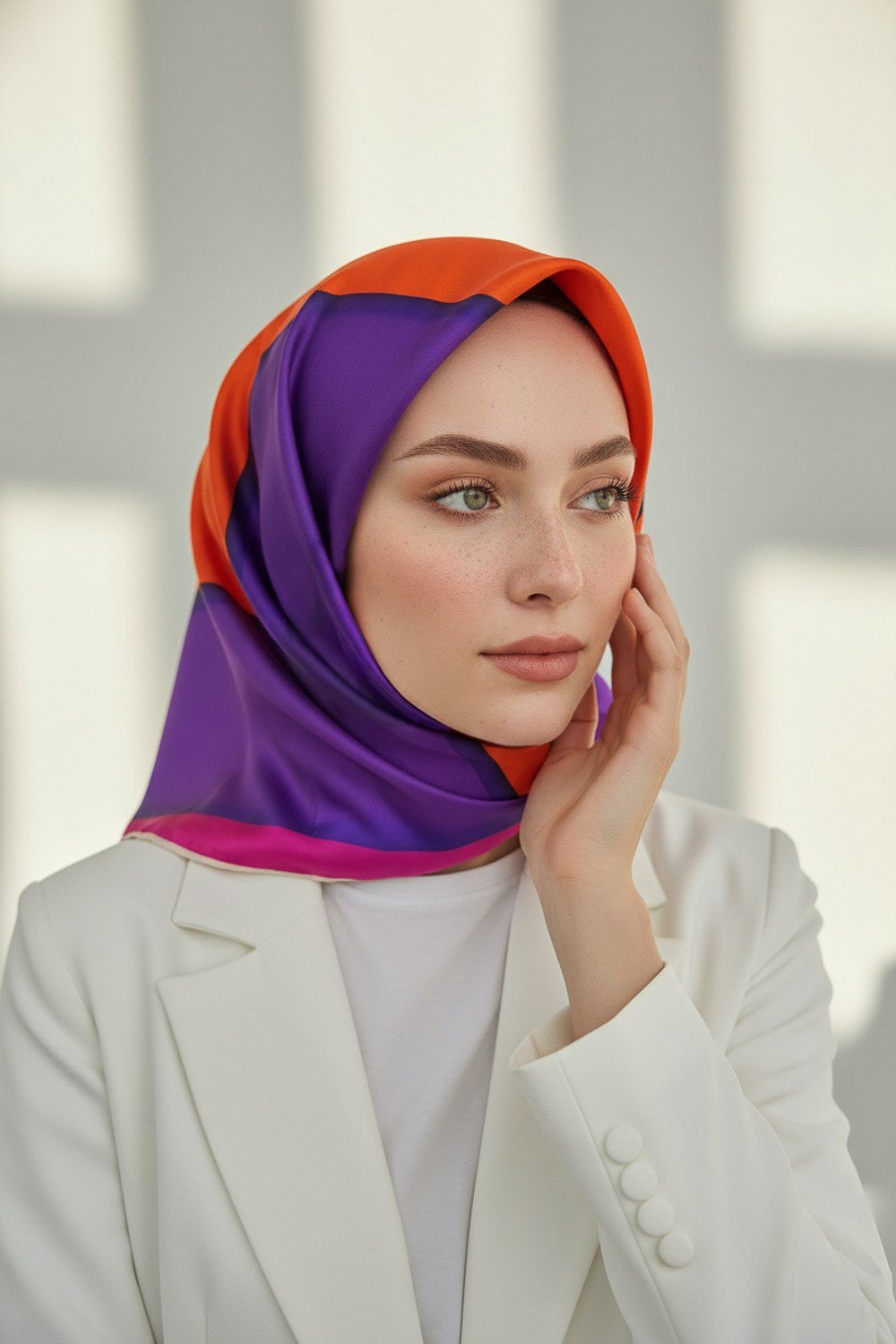 %100 Twill Renk Bloklu Çizgili Desenli Turuncu - Mor Renkli 90x90 Eşarp Dikim Şekli: El Dikişii