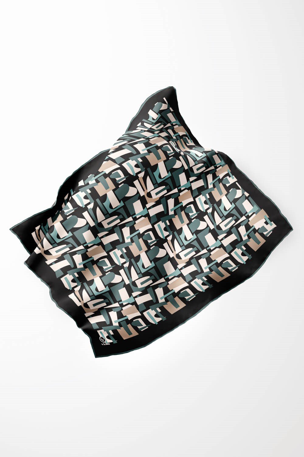 Twill Geometrik Desenli Mint Yeşili - Bej Renkli 90x90 Eşarp (İpek İçermez) Dikim Şekli : El Dikişi