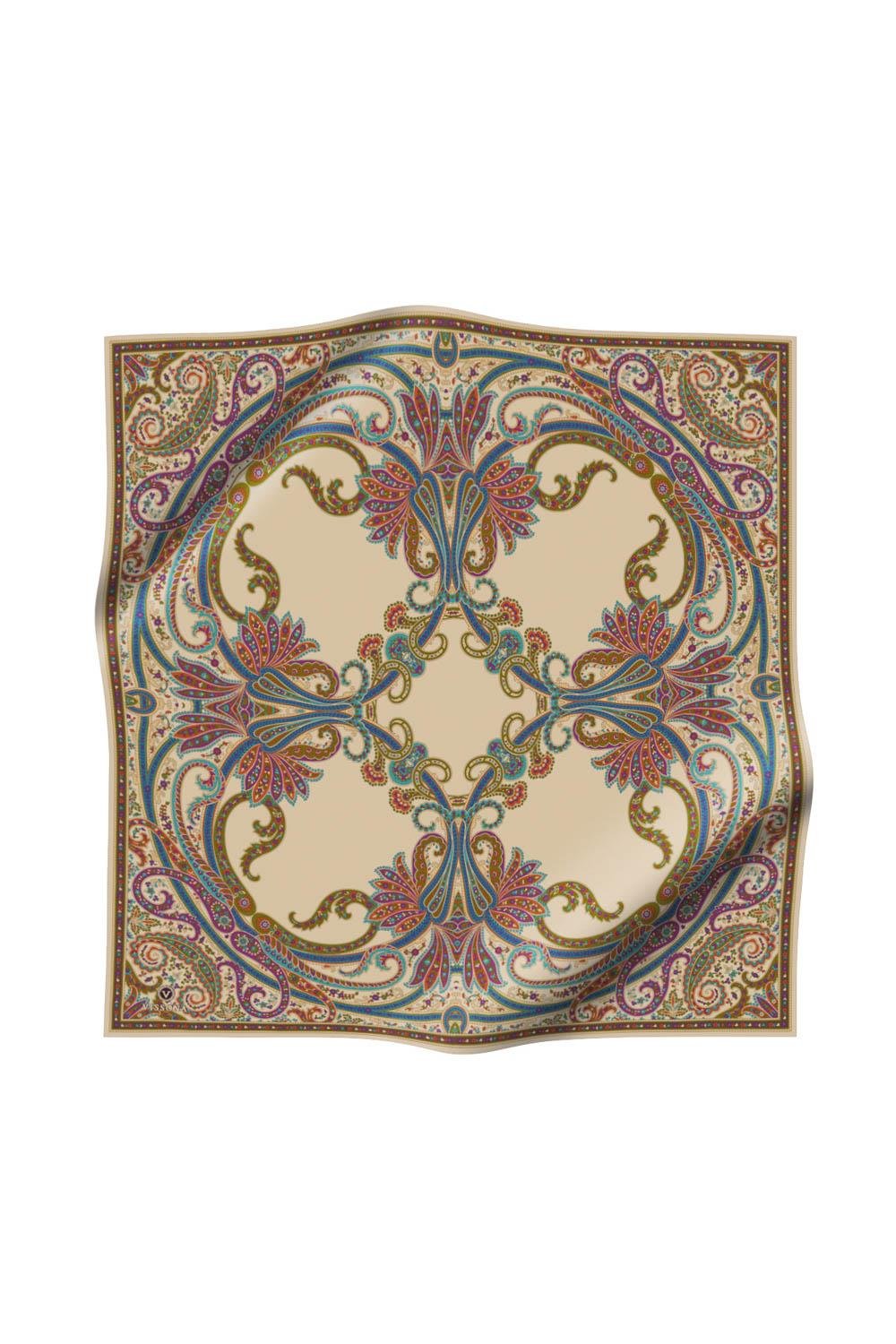 %100 Twill İpek Şal Desenli Bej - Mürdüm Renkli 90x90 Eşarp Dikim Şekli : El Dikişi