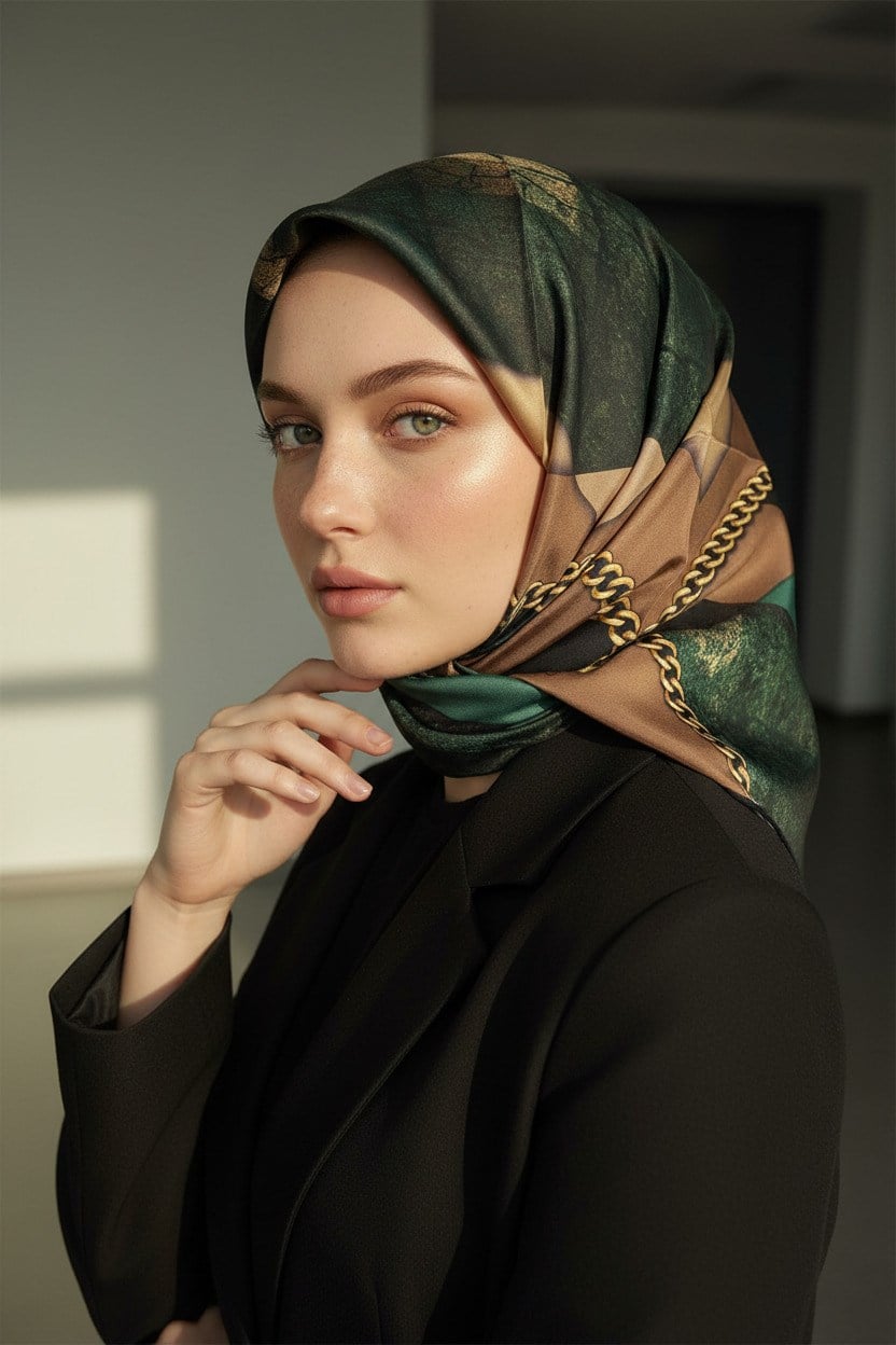 %100 Twill İpek Taş Efekti Desenli Petrol Yeşili - Siyah Renkli 90x90 Eşarp Dikim Şekli : El Dikişi