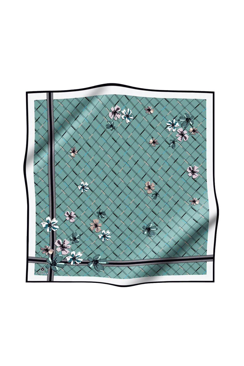 %100 Twill İpek Çıtır Çiçek Desenli Su Yeşili - Krem Renkli 90x90 Eşarp Dikim Şekli : El Dikişi