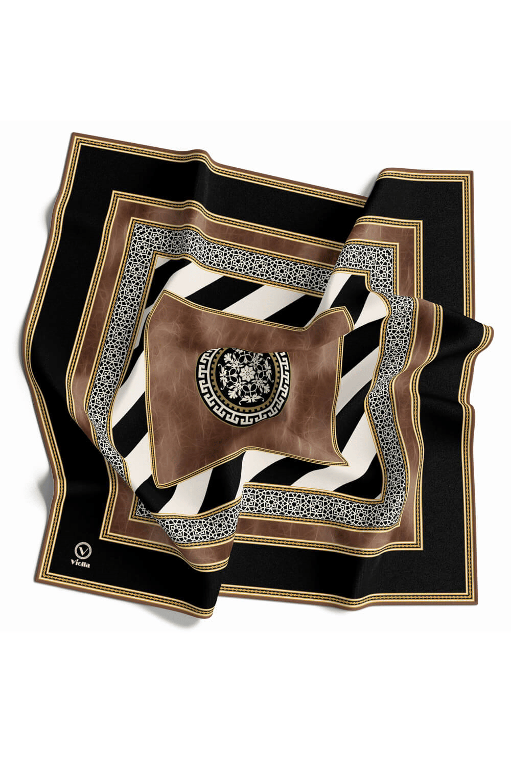 Twill Geometrik Desenli Bakır Renkli 90x90 Eşarp (İpek İçermez) Kenar Dikiş Şekli El Dikişli