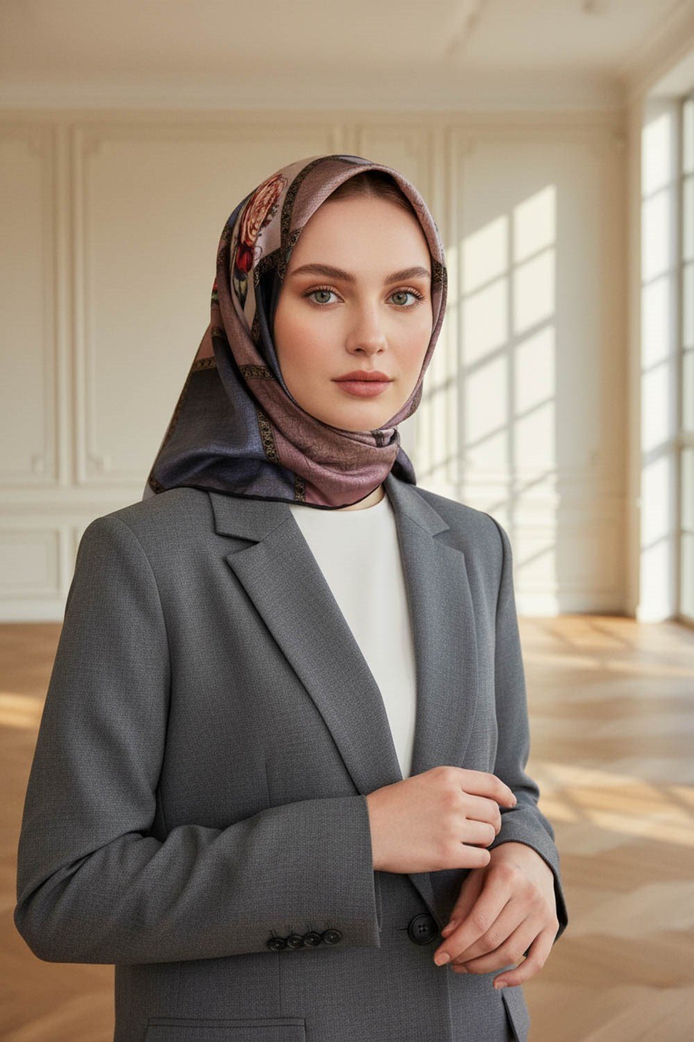 %100 Twill İpek Dokulu Çiçekli Ve Geometrik Desenli Pudra - Gri Renkli 90x90 Eşarp Dikim Şekli : El Dikişi