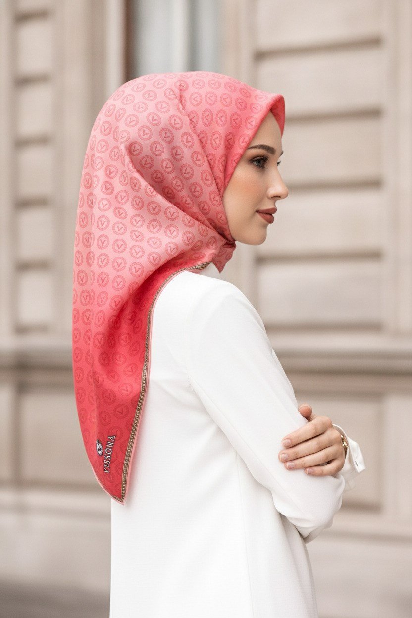 %100 Twill İpek Monogram Desenli Pudra Renkli 90x90 Eşarp Dikim Şekli : El Dikişi