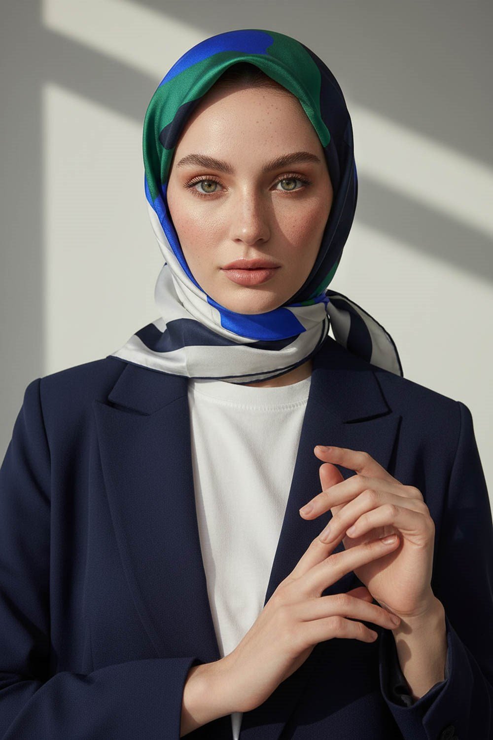 %100 Twill İpek Geometrik Desenli Lacivert - Çam Yeşili Renkli 90x90 Eşarp Dikim Şekli : El Dikişi