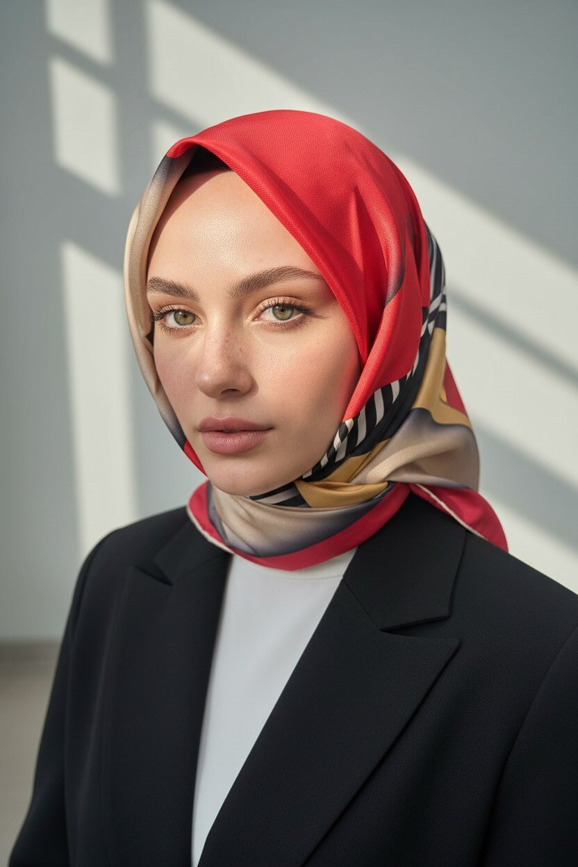 %100 Twill Renk Bloklu Çizgili Desenli Kırmızı - Bej Renkli 90x90 Eşarp Dikim Şekli: El Dikişii