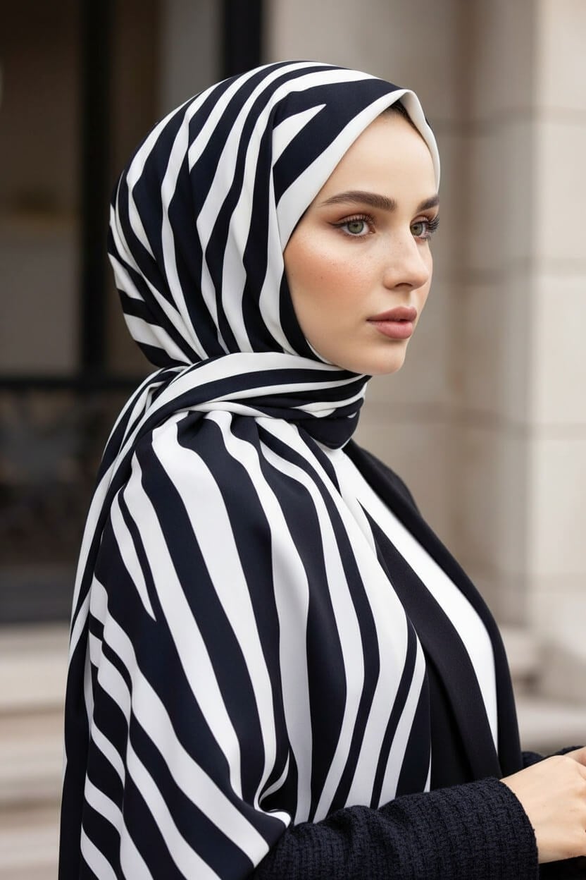 Krep Şal 75x190 Zebra Desenli Siyah Beyaz Kırışmaz Kadın Şal