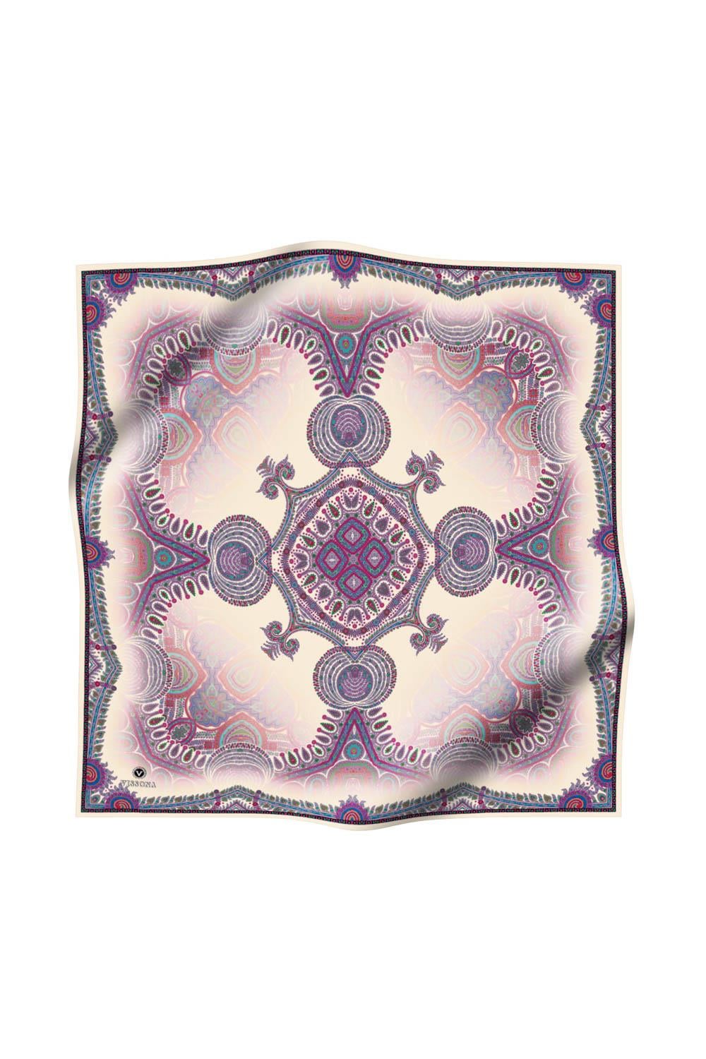 %100 Twill İpek Şal Desenli Krem Renkli 90x90 Eşarp Dikim Şekli : El Dikişi