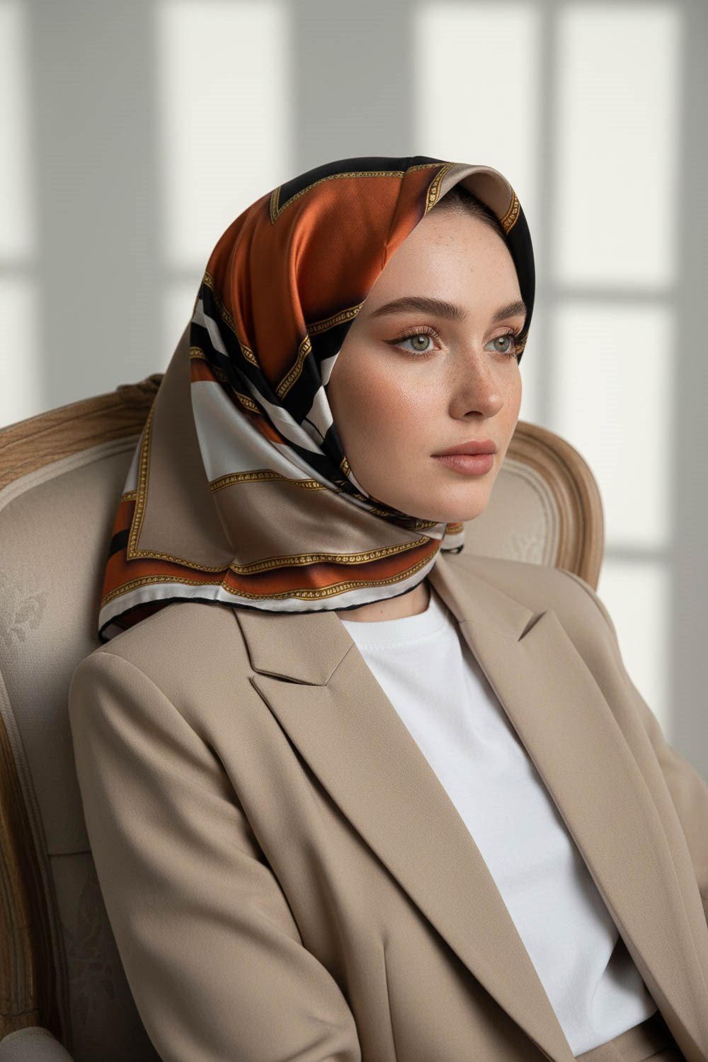 %100 Twill İpek Geometrik Desenli Taba - Bej Renkli 90x90 Eşarp Dikim Şekli : El Dikişi