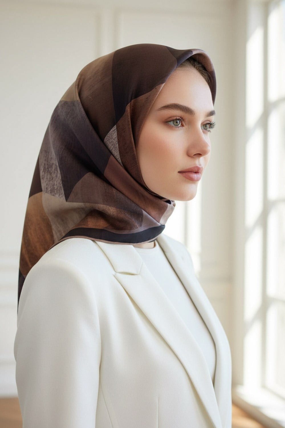 %100 Twill İpek Geometrik Desenli Soğan Kabuğu - Bej Renkli 90x90 Eşarp Dikim Şekli : El Dikişi