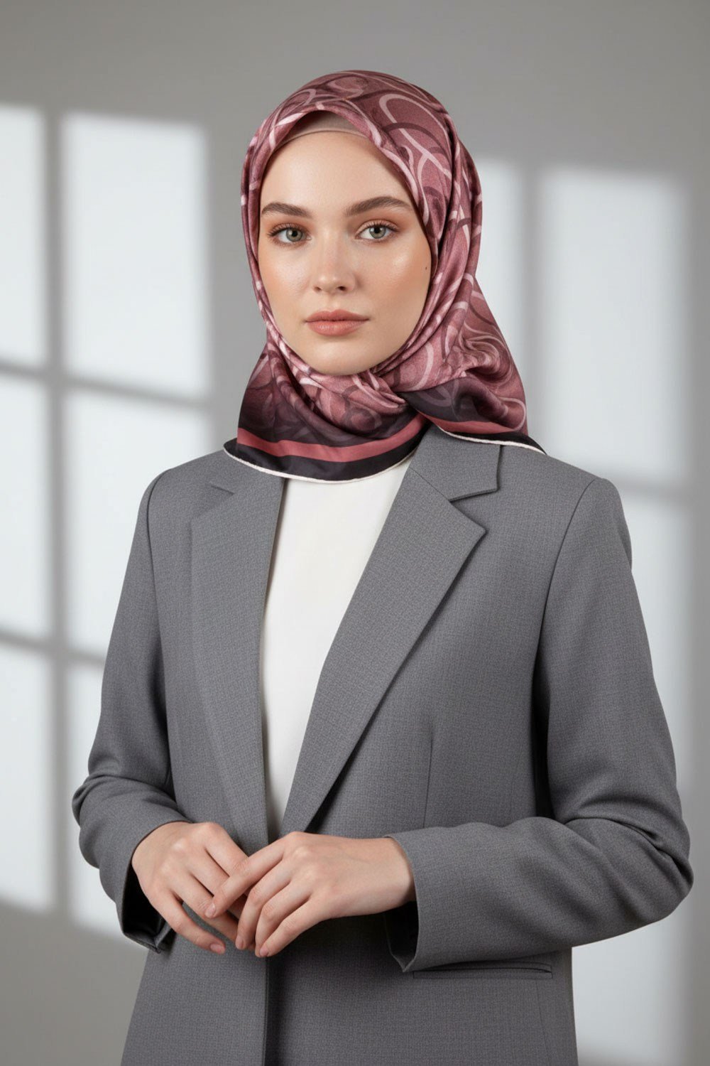Kristal Geometrik Desenli Pudra Renkli 90x90 Eşarp (İpek İçermez) Kenar Dikiş Şekli El Dikişli