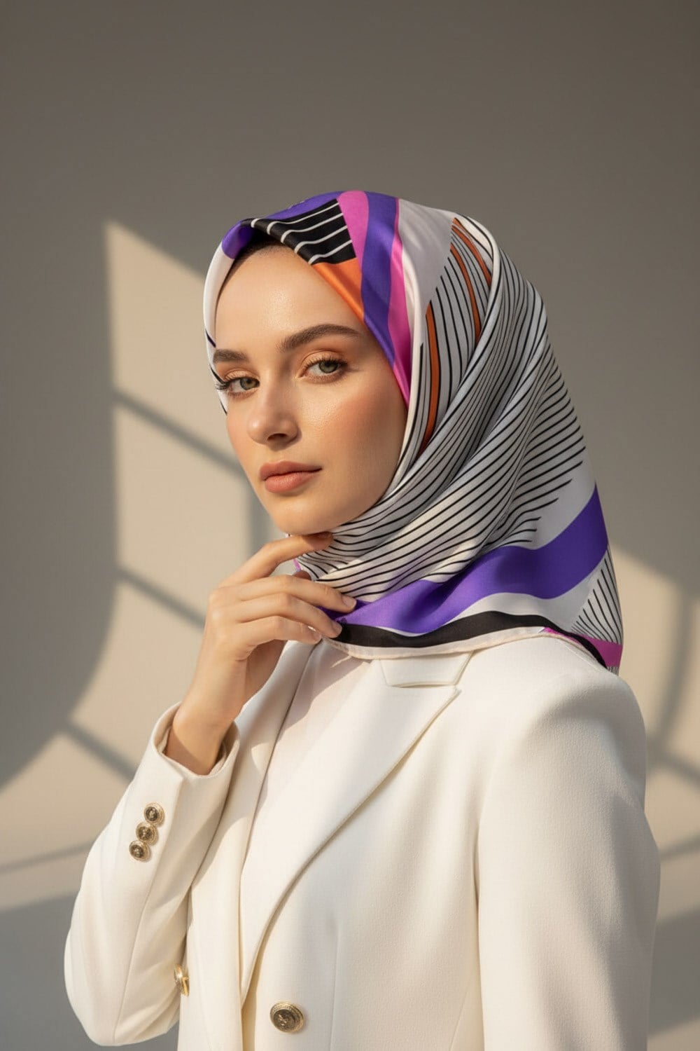 %100 Twill İpek Çizgili Geometrik Desenli Beyaz - Mor Renkli 90x90 Eşarp Dikim Şekli : El Dikişi