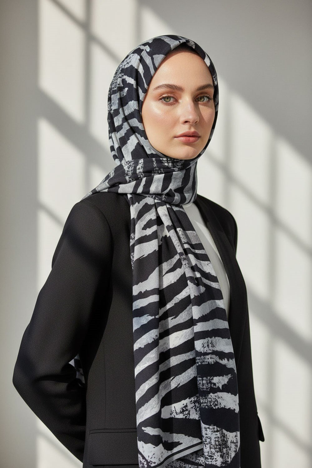 KREP ZEBRA DESENLİ GRİ - SİYAH RENKLİ 75X195 KIRIŞMAZ ŞAL