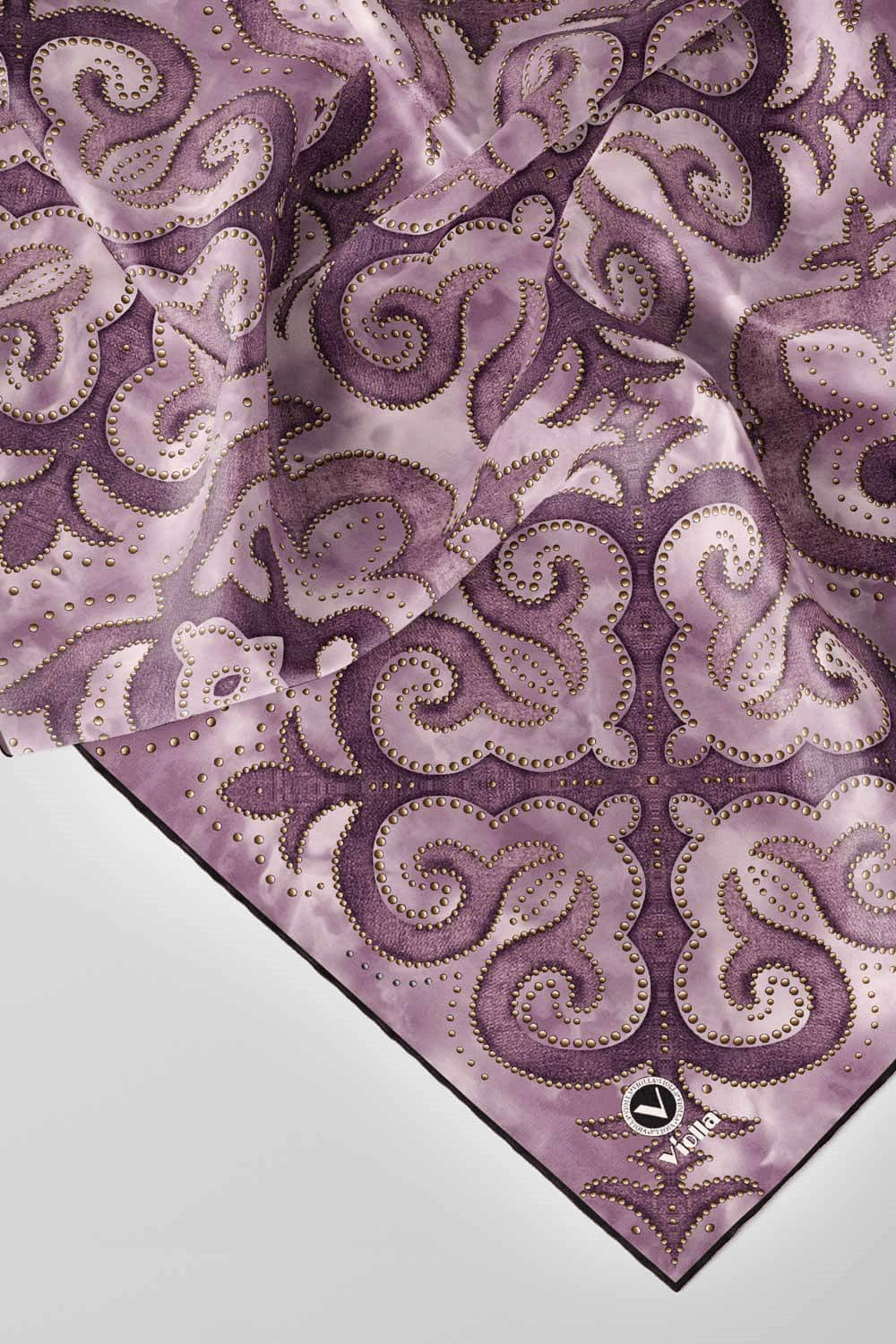 Twill Barok Desenli Lila Renkli 90x90 Eşarp (İpek İçermez) Kenar Dikiş Şekli El Dikişli