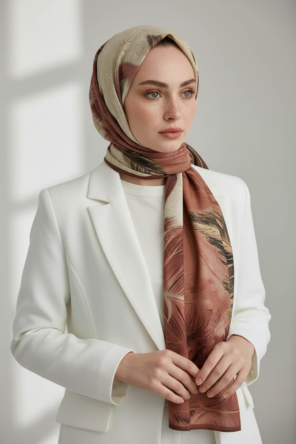KREP YAPRAK DESENLİ PUDRA RENKLİ 75X195 KIRIŞMAZ ŞAL