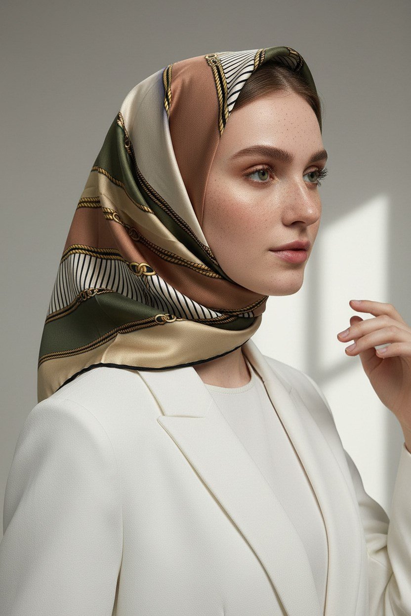 %100 Twill İpek Zincir Detaylı Geometrik Desenli Haki - Bakır Renkli 90x90 Eşarp Dikim Şekli : El Dikişi