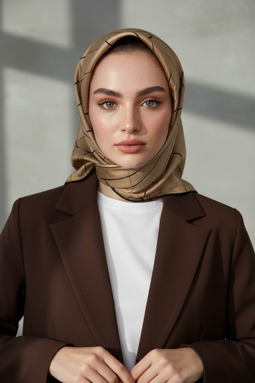 %100 Twill İpek Çizgi Desenli Bej - Siyah Renkli 90x90 Eşarp Dikim Şekli : El Dikişi