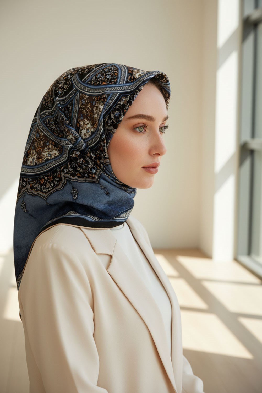 %100 Twill İpek Şal Desenli İndigo - Lacivert Renkli 90x90 Eşarp Dikim Şekli : El Dikişi
