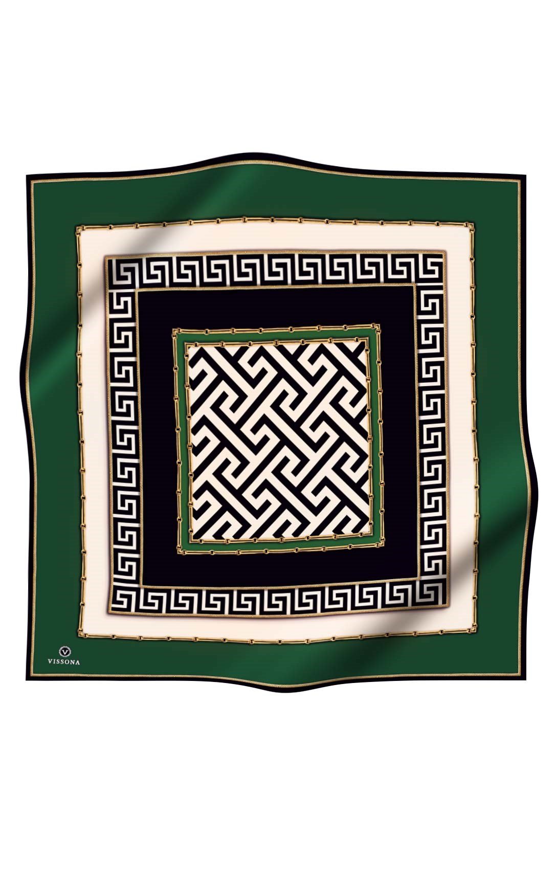 % 57 İPEK % 43 VİSKON Twill İpek Labirent Ve Geometrik Desenli Zümrüt Yeşili - Siyah Renkli 90x90 Eşarp Dikim Şekli : El Dikişi