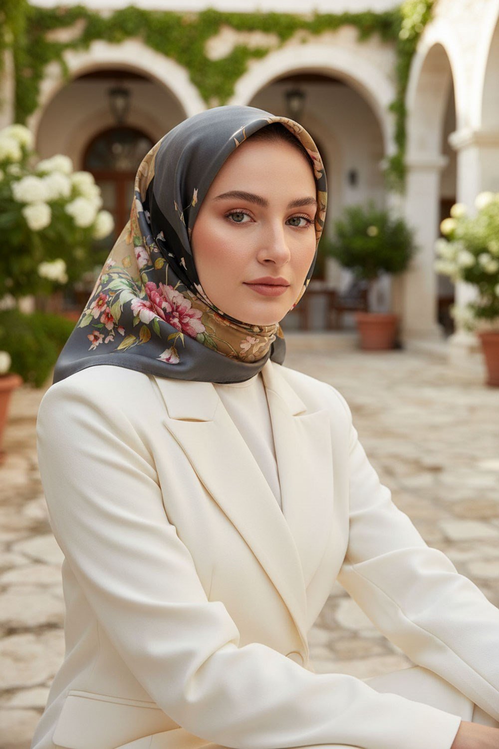 %100 Twill İpek Geometrik Ve Çiçek Desenli Siyah Renkli 90x90 Eşarp Dikim Şekli : El Dikişi