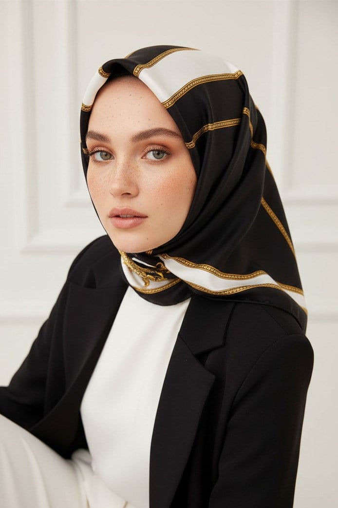 %100 Twill İpek Barok Ve Şerit Desenli Siyah - Krem Renkli 90x90 Eşarp Dikim Şekli : El Dikişi