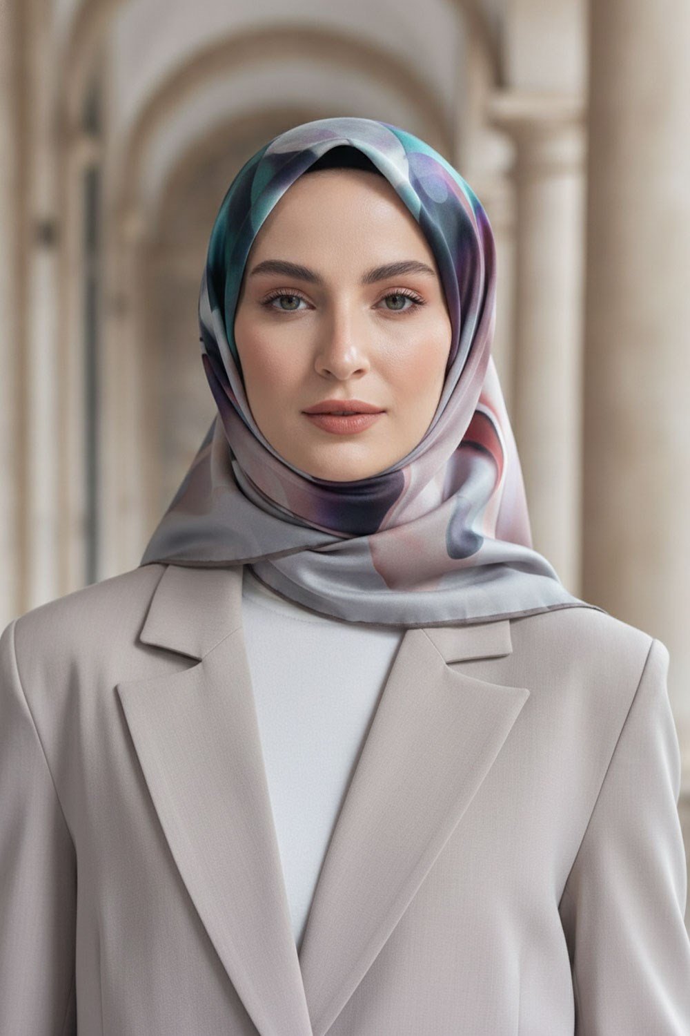 %100 Twill İpek Büyük Çiçek Desenli Gri - Somon Renkli 90x90 Eşarp Dikim Şekli : El Dikişi