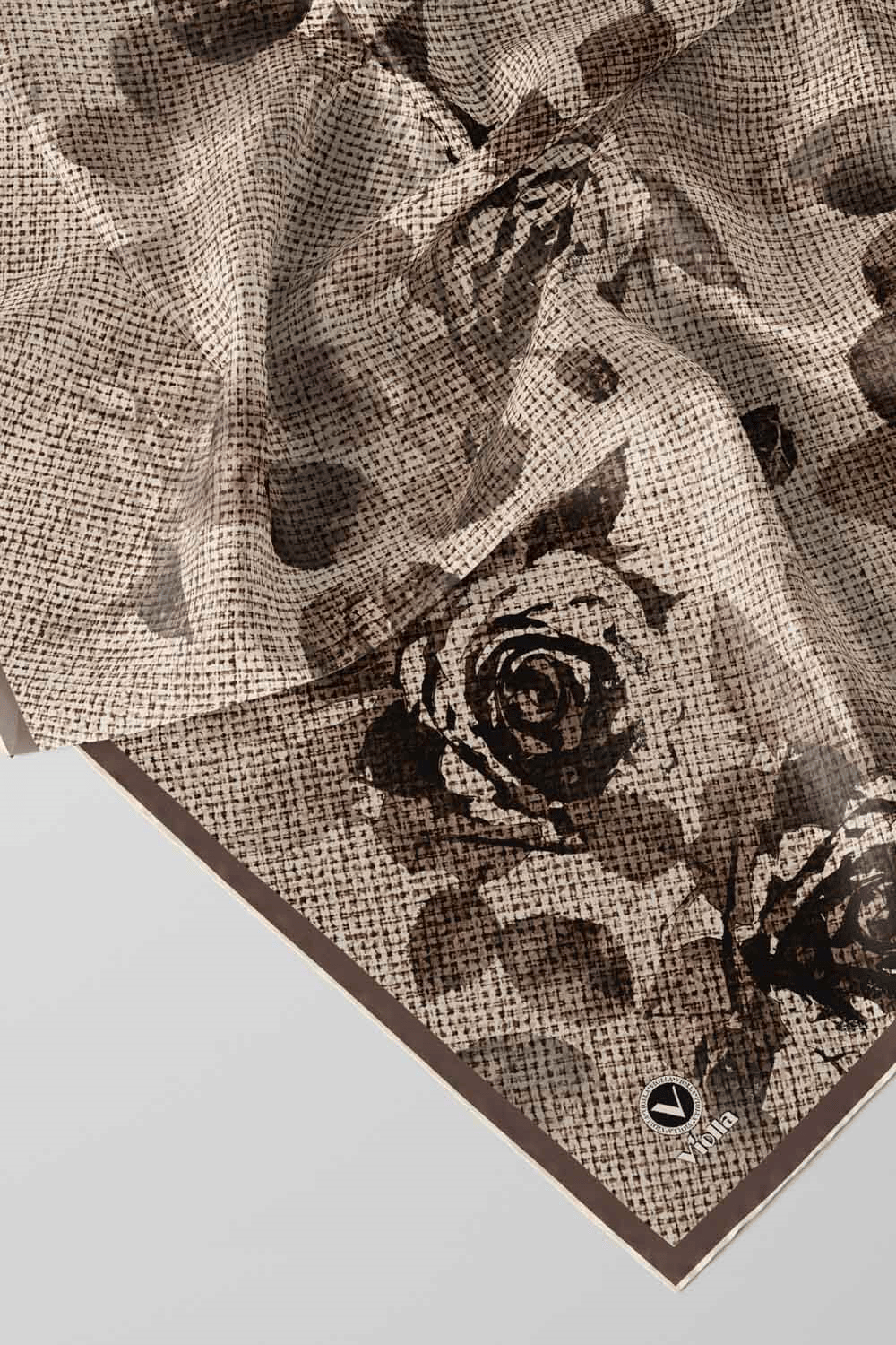 Twill Gül Desenli Vizon Renkli 90x90 Eşarp (İpek İçermez) Kenar Dikiş Şekli El Dikişli