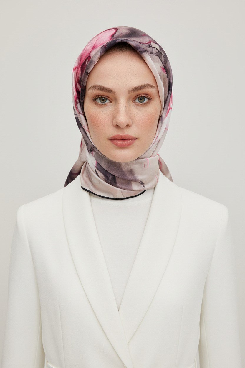 %100 Twill İpek Batik Çiçek Desenli Gri - Pembe Renkli 90x90 Eşarp Kenar Dikiş Şekli El Dikişli