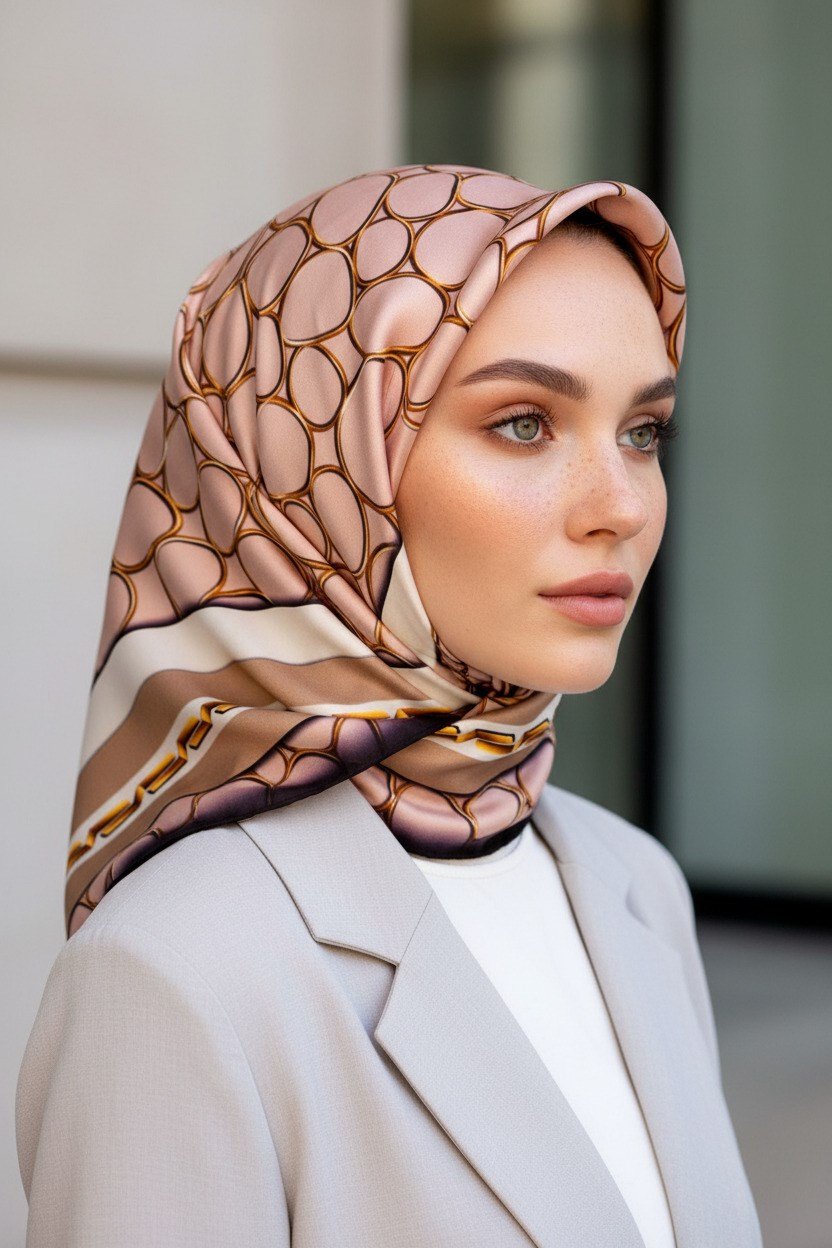 %100 Twill İpek Zincir Desenli Pudra - Bej Renkli 90x90 Eşarp Kenar Dikiş Şekli El Dikişli
