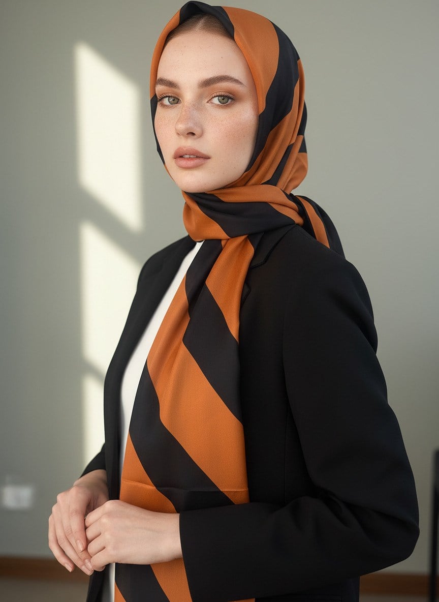 %100 Saf İpek Şal İnce Saten Vual Dokuma Çizgili Desenli Taba - Siyah Renkli 90x210 Şal