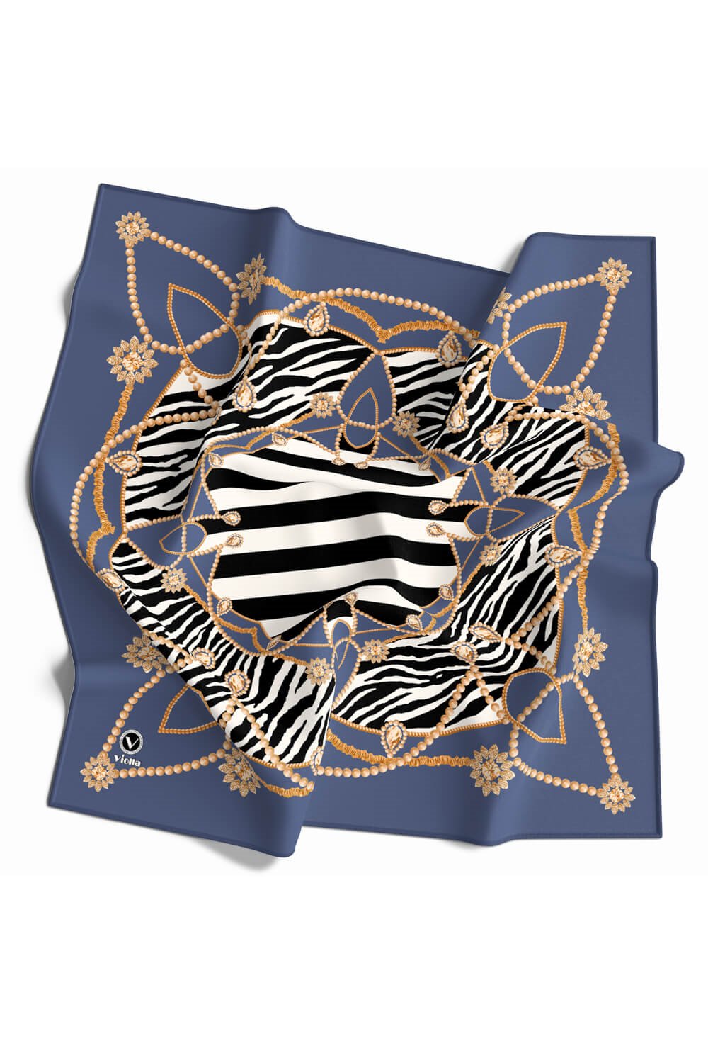 Twill Gold Detaylı Zebra Desenli İndigo Renkli 90x90 Eşarp (İpek İçermez) Kenar Dikiş Şekli El Dikişli