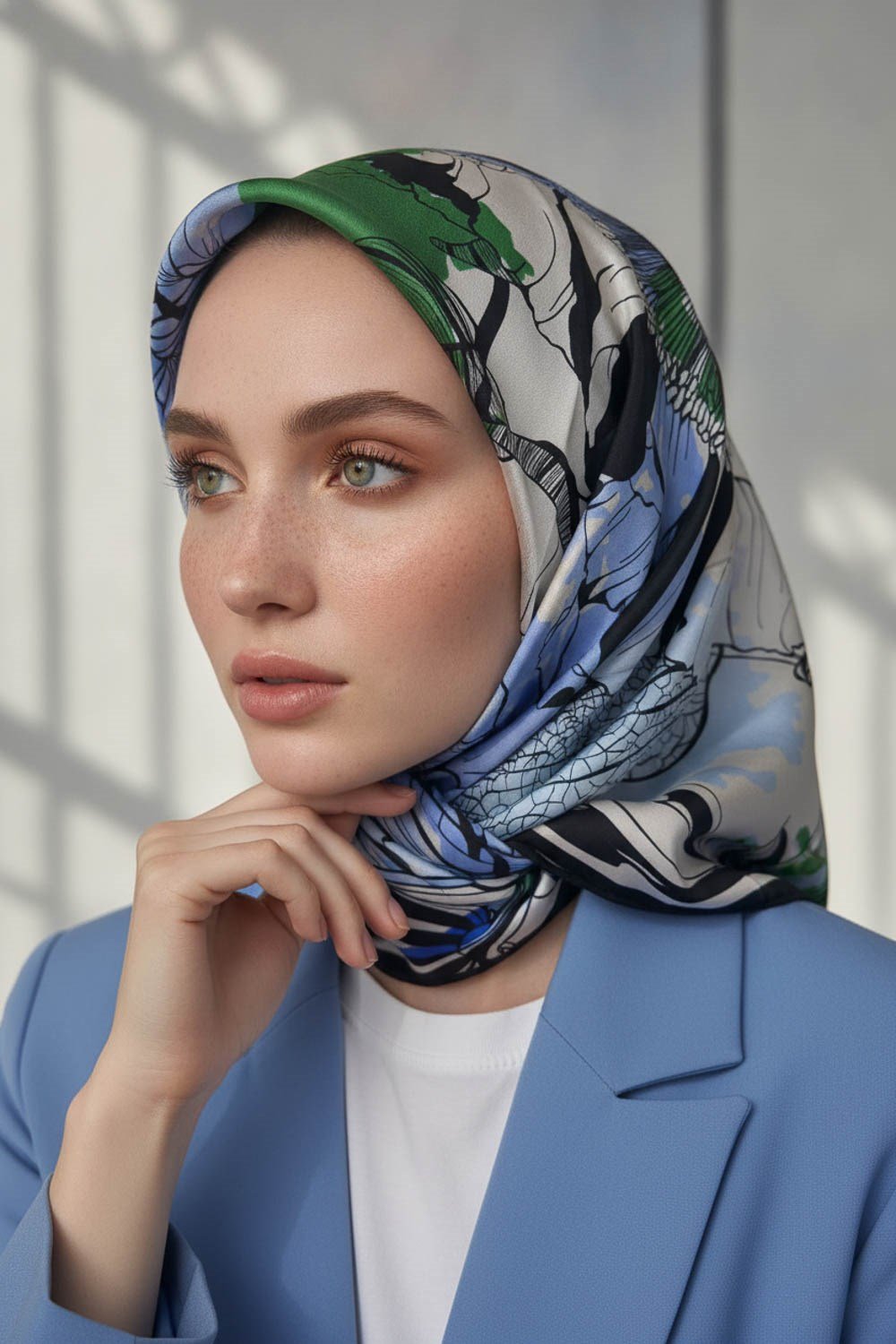 %100 Twill İpek Yaprak Desenli Saks - Zümrüt Yeşili Renkli 90x90 Eşarp Dikim Şekli : El Dikişi