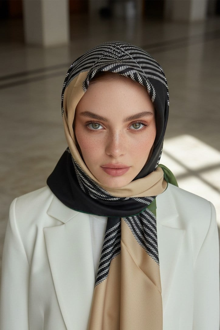 %100 Twill İpek Geometrik Desenli Zümrüt Yeşili Renkli 90x90 Eşarp Dikim Şekli : El Dikişi