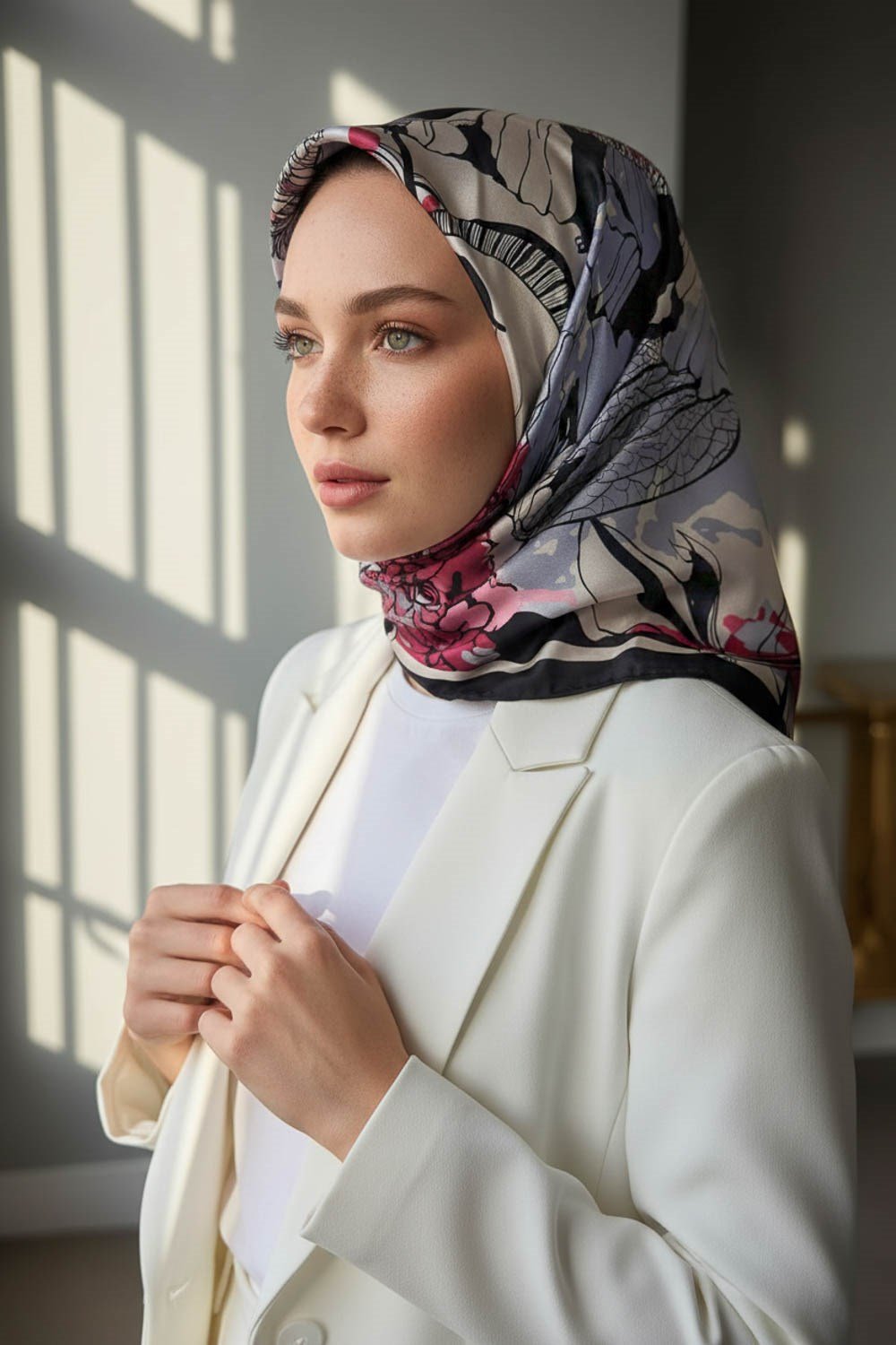 %100 Twill İpek Yaprak Desenli İndigo - Bordo Renkli 90x90 Eşarp Dikim Şekli : El Dikişi