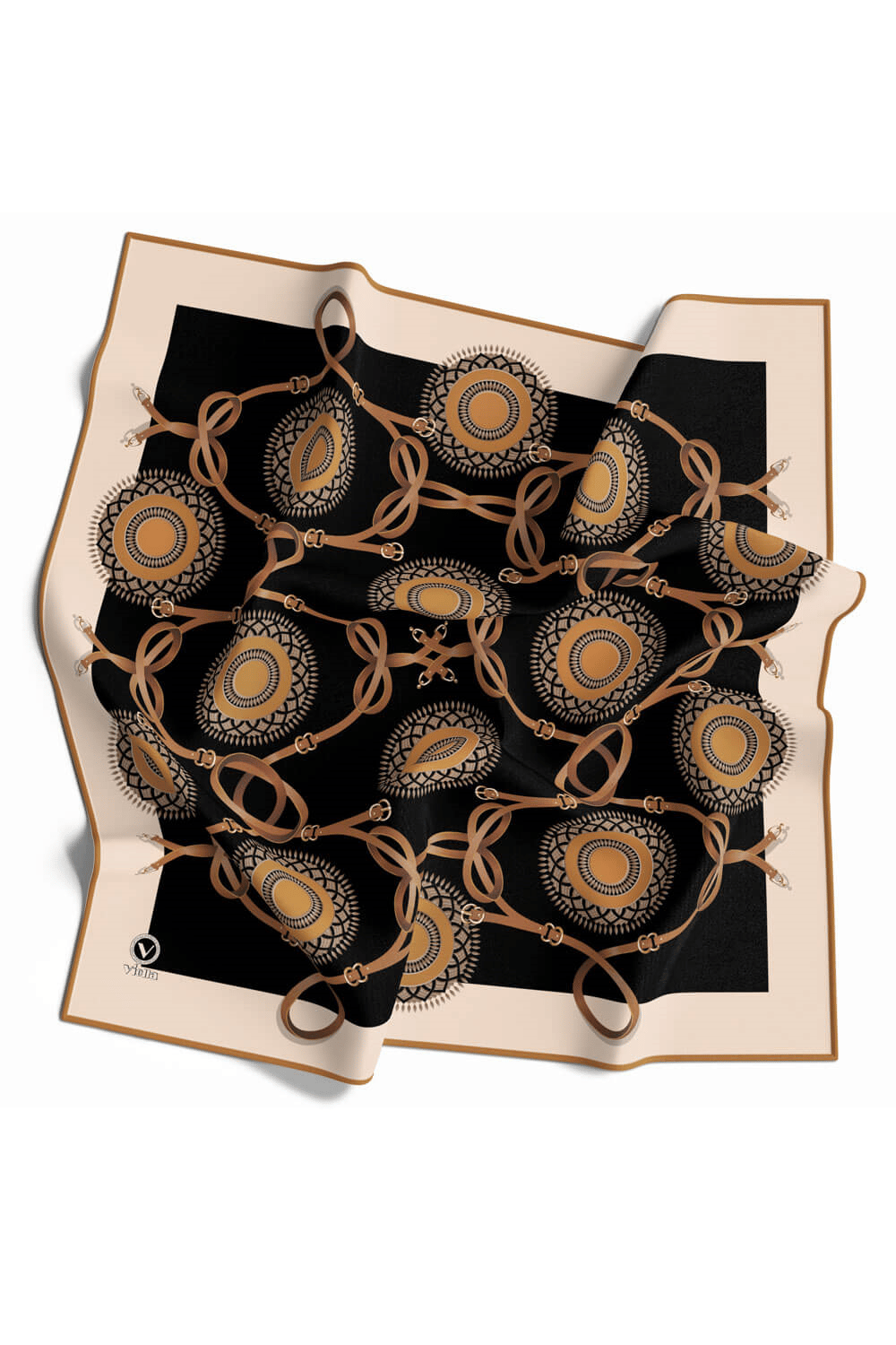 Twill Kemerli Ve Geometrik Desenli Hardal Renkli 90x90 Eşarp (İpek İçermez) Kenar Dikiş Şekli El Dikişli