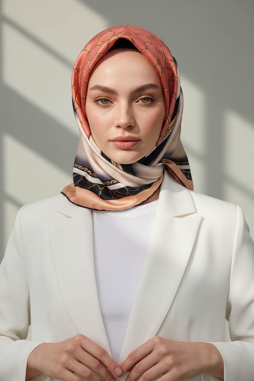 %100 Twill İpek Gold Halka Desenli Nar Çiçeği - Siyah Renkli 90x90 Eşarp Dikim Şekli : El Dikişi
