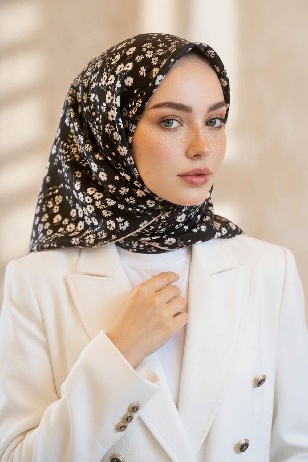 %100 Twill İpek Çıtır Çiçek Desenli Siyah - Krem Renkli 90x90 Eşarp Dikim Şekli : El Dikişi