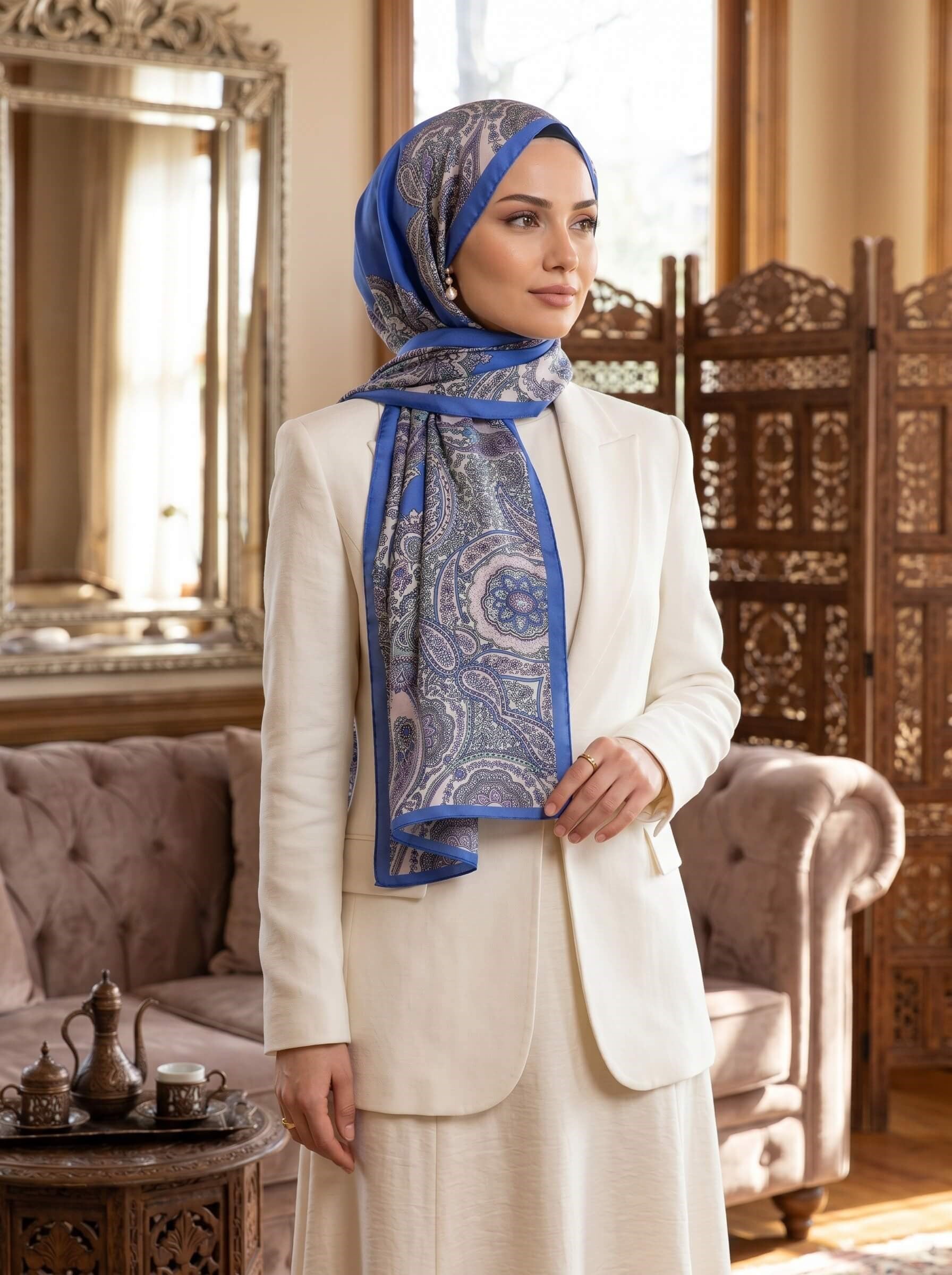 %100 Saf İpek Şal İnce Saten Vual Dokuma Etro Desenli Saks Renkli 90x210 Şal