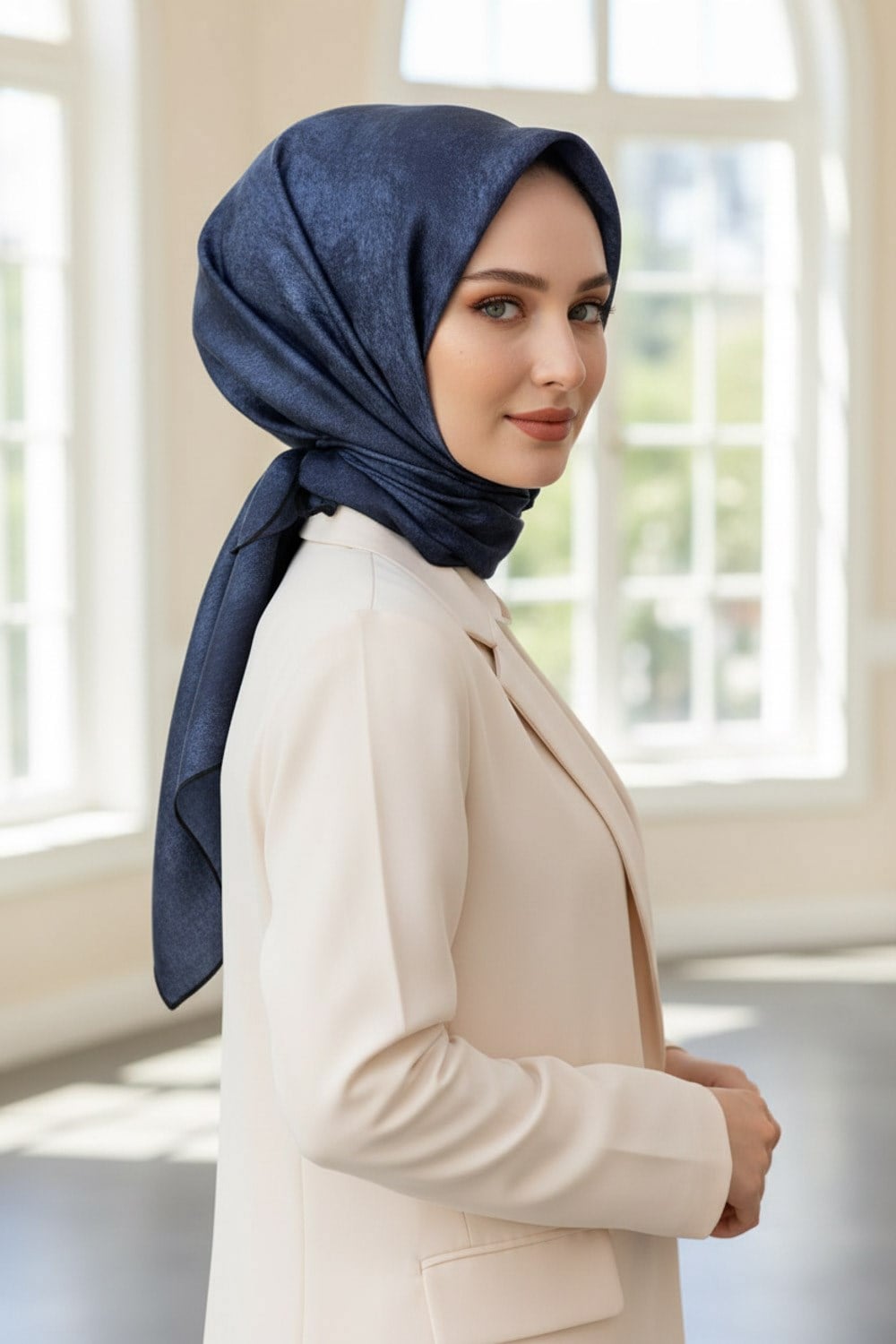 %100 Twill İpek Doku Desenli İndigo Renkli 90x90 Eşarp Dikim Şekli : El Dikişi