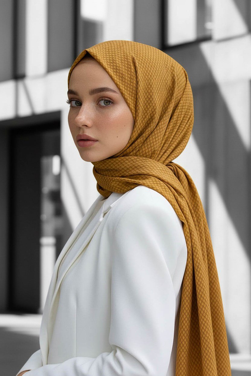 KREP HASIR DESENLİ HARDAL RENKLİ 75X195 KIRIŞMAZ ŞAL