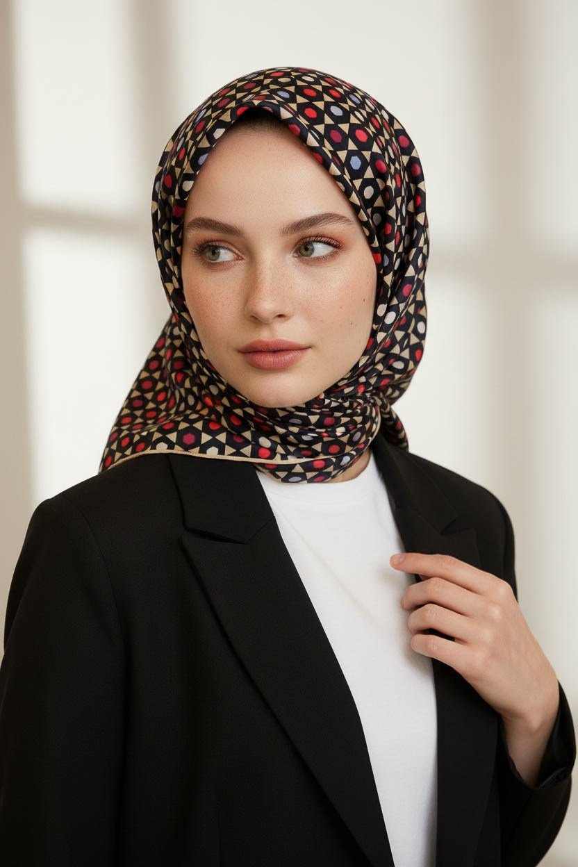 %100 Twill İpek Nokta Desenli Siyah - Bej Renkli 90x90 Eşarp Dikim Şekli : El Dikişi