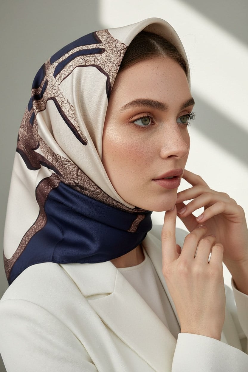 % 57 İPEK % 43 VİSKON Twill İpek Gold Efektli Geometrik Desenli Lacivert - Krem Renkli 90x90 Eşarp Dikim Şekli : El Dikişi