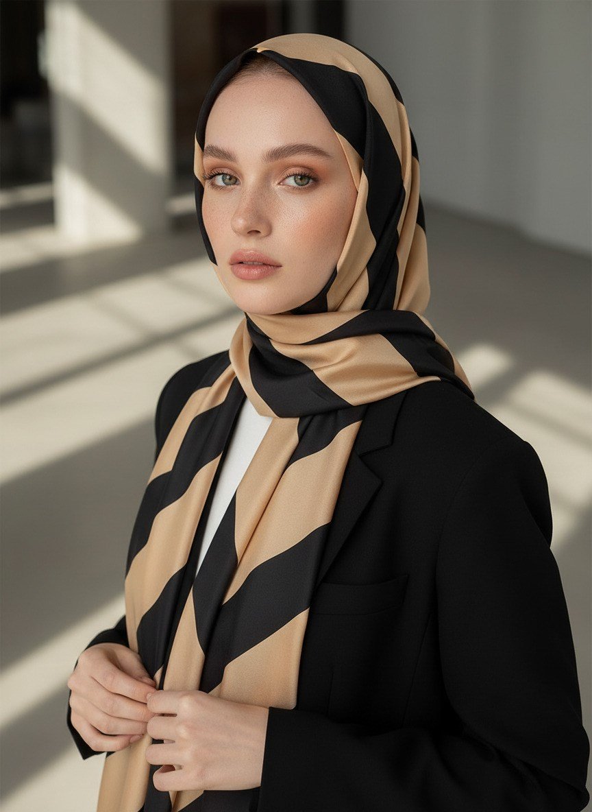 %100 Saf İpek Şal İnce Saten Vual Dokuma Çizgili Desenli Gold - Siyah Renkli 90x210 Şal